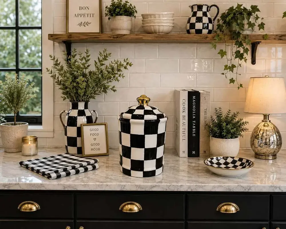 New Black & White Gold Checkered Circus Kitchen Cookie Jar Kitchen Canister